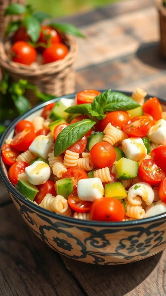 Classic Italian Pasta Salad Recipe A vibrant bowl of Italian pasta salad with tomatoes, cucumbers, bell peppers, and mozzarella, garnished with basil.